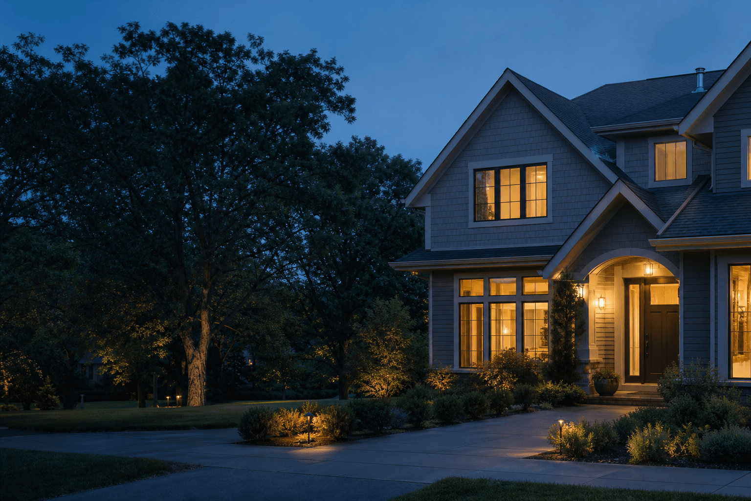 A well-kept west-metro home at dusk with warm windows and mature trees