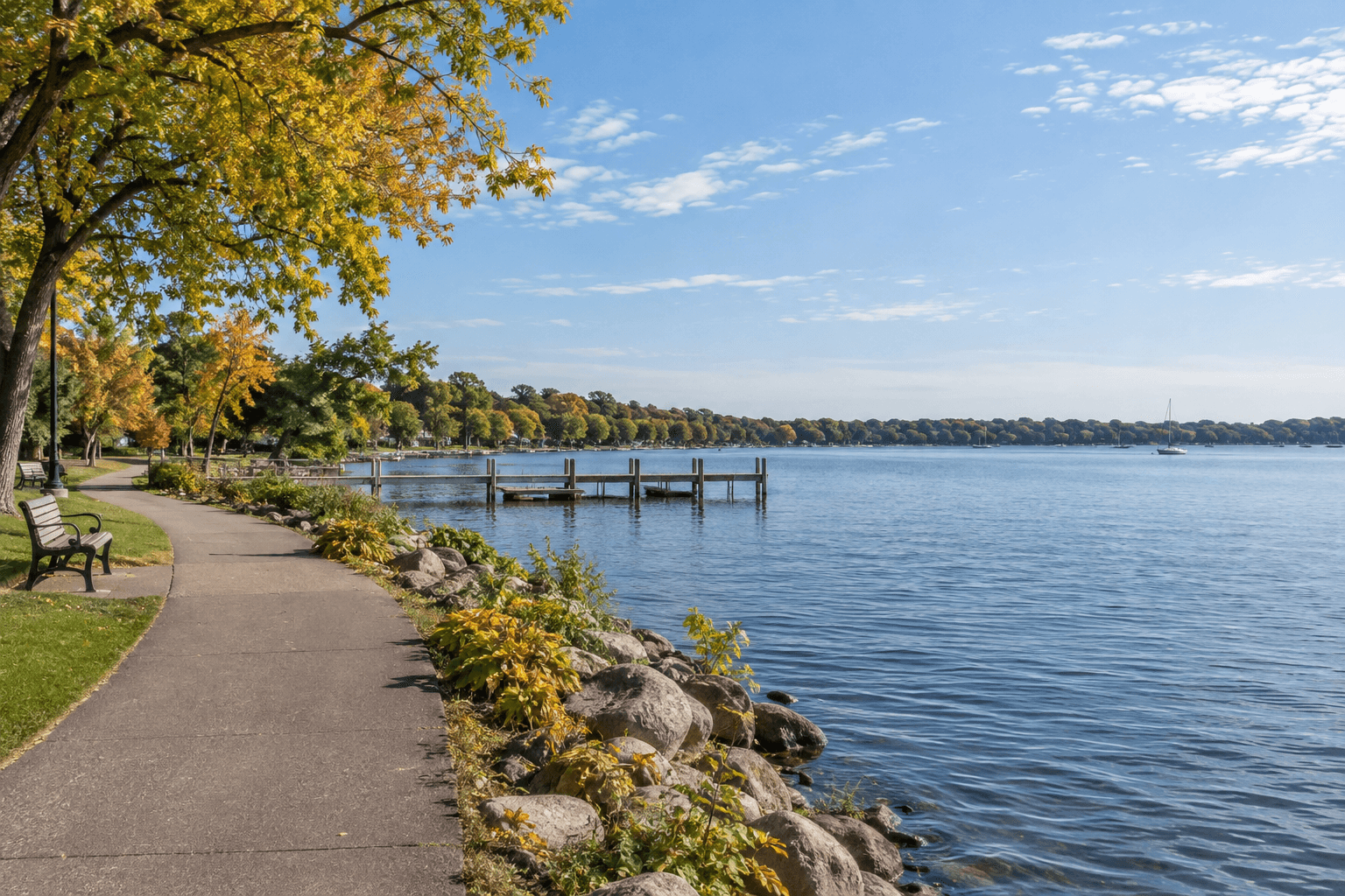 Public walking path and dock along the Lake Minnetonka waterfront in Wayzata