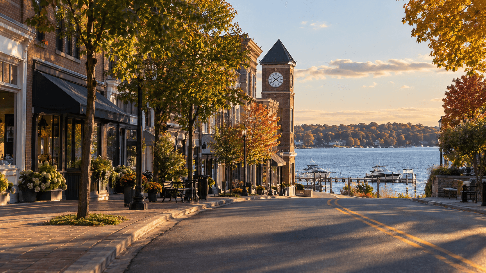 Downtown Wayzata, Minnesota near Lake Street and the Lake Minnetonka waterfront in autumn